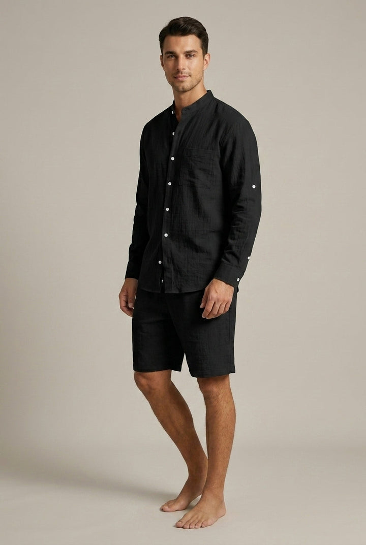 Effortless men's fashion: relaxed band collar shirt & shorts, a stylish casual summer holiday outfit.