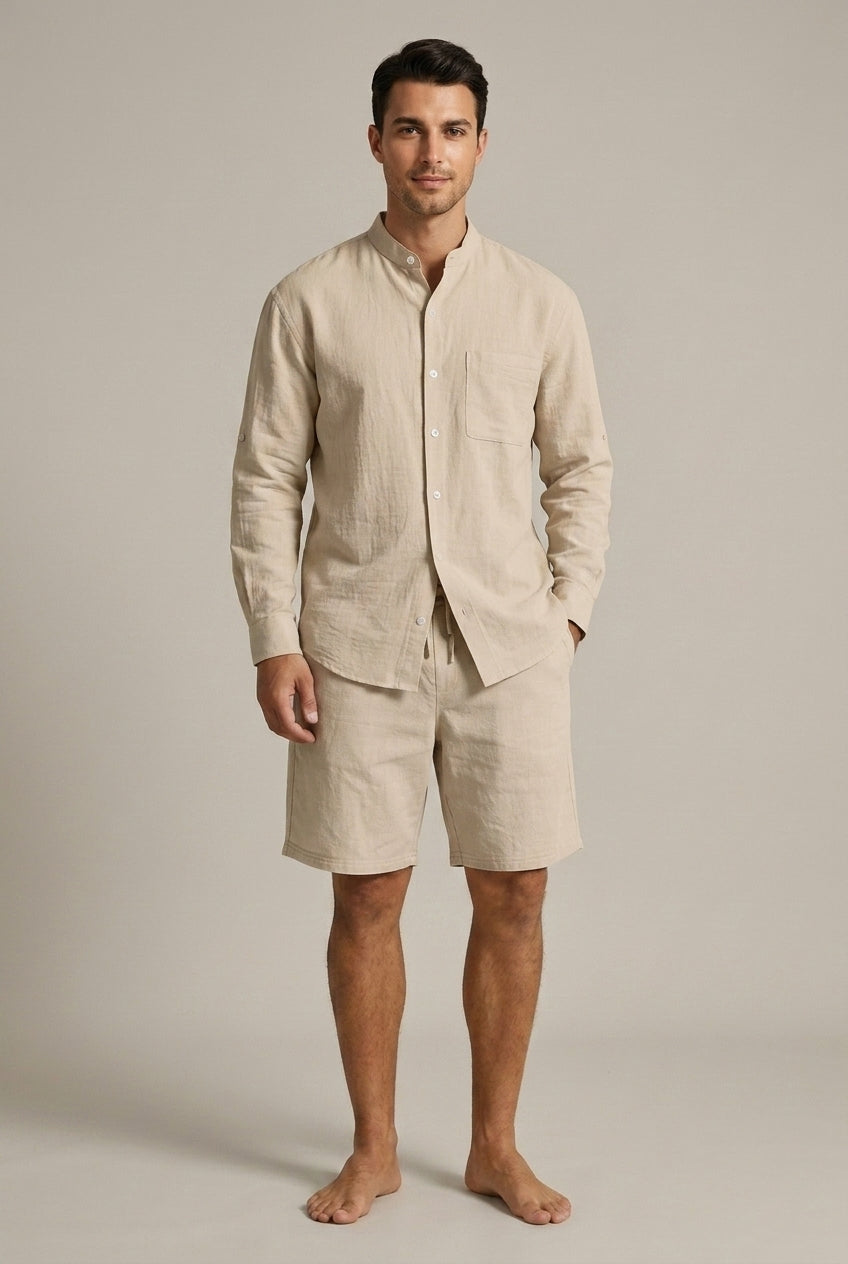 Men's vacation clothes: relaxed fit long sleeve band collar shirt & summer shorts two-piece set.