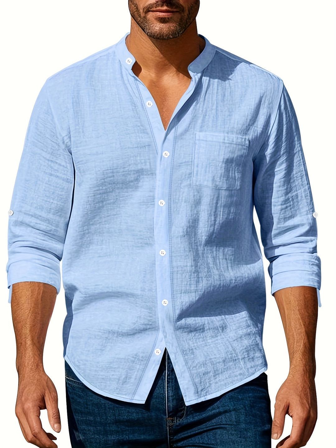 Effortless men's casual shirt with a relaxed collar and long sleeves, great for everyday wear.