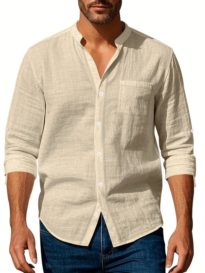 Men's long sleeve collared shirt, relaxed fit and casual style, a modern wardrobe essential.