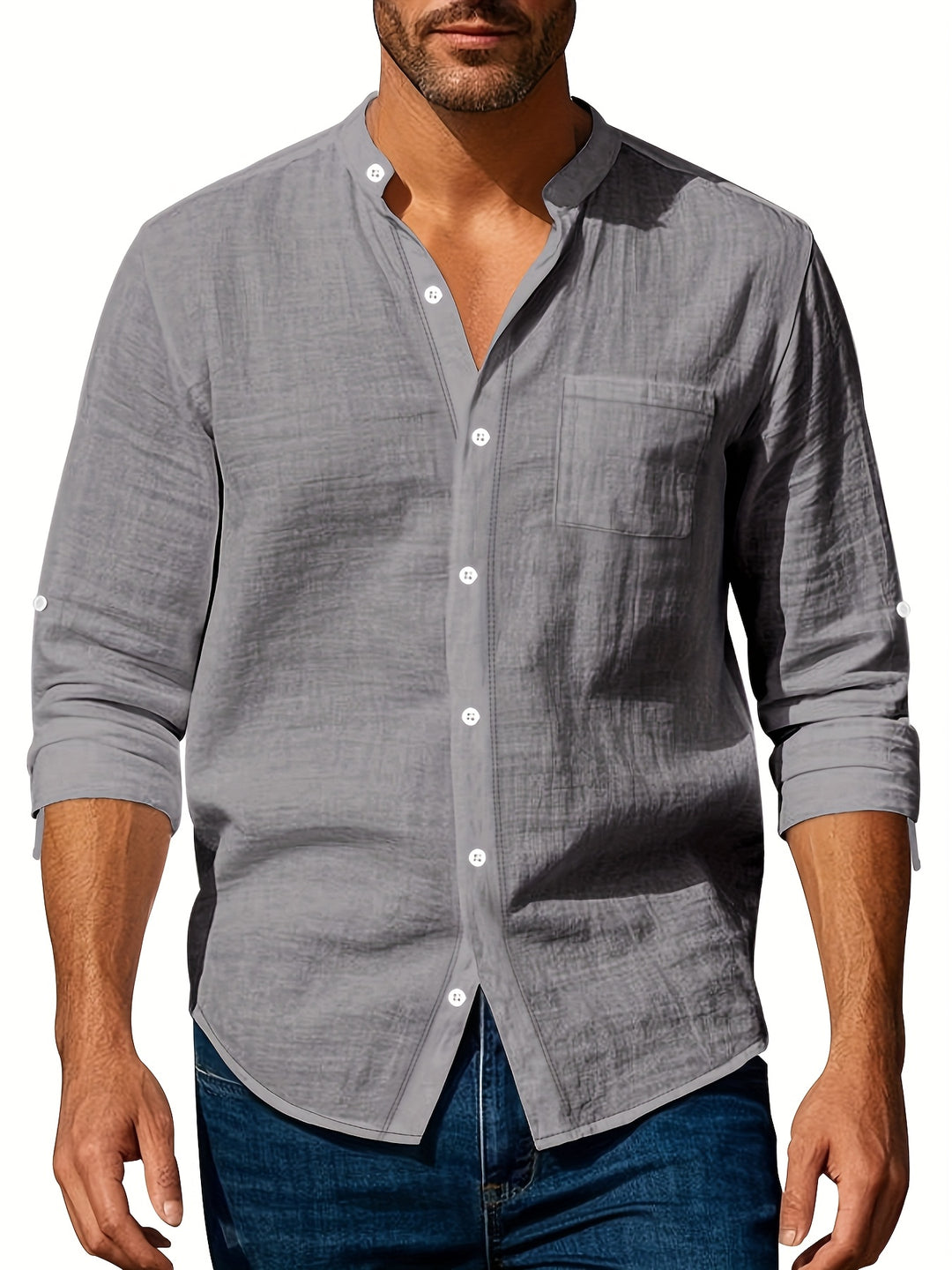 Versatile men's casual shirt, relaxed collar, long sleeve, and comfortable for spring/summer style.