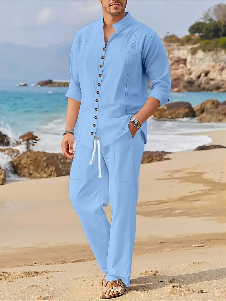 Men's relaxed fit beach set with lightweight shirt & drawstring trousers, perfect for summer holidays.
