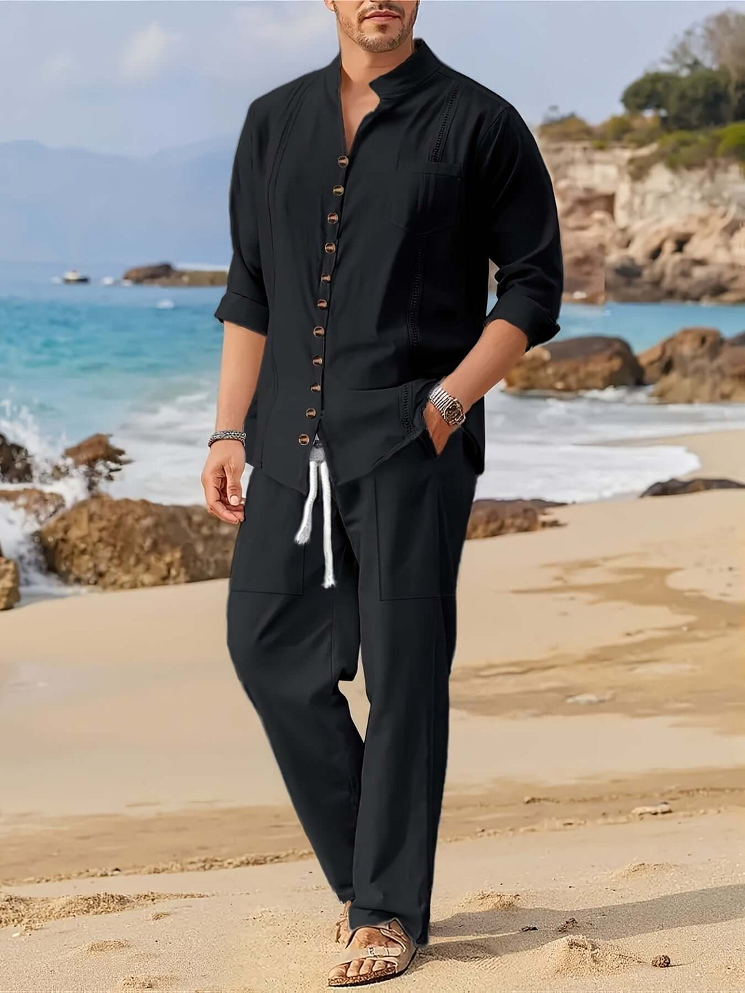 Men's two-piece beach set, featuring a mandarin collar shirt & comfortable drawstring trousers for summer casual wear.
