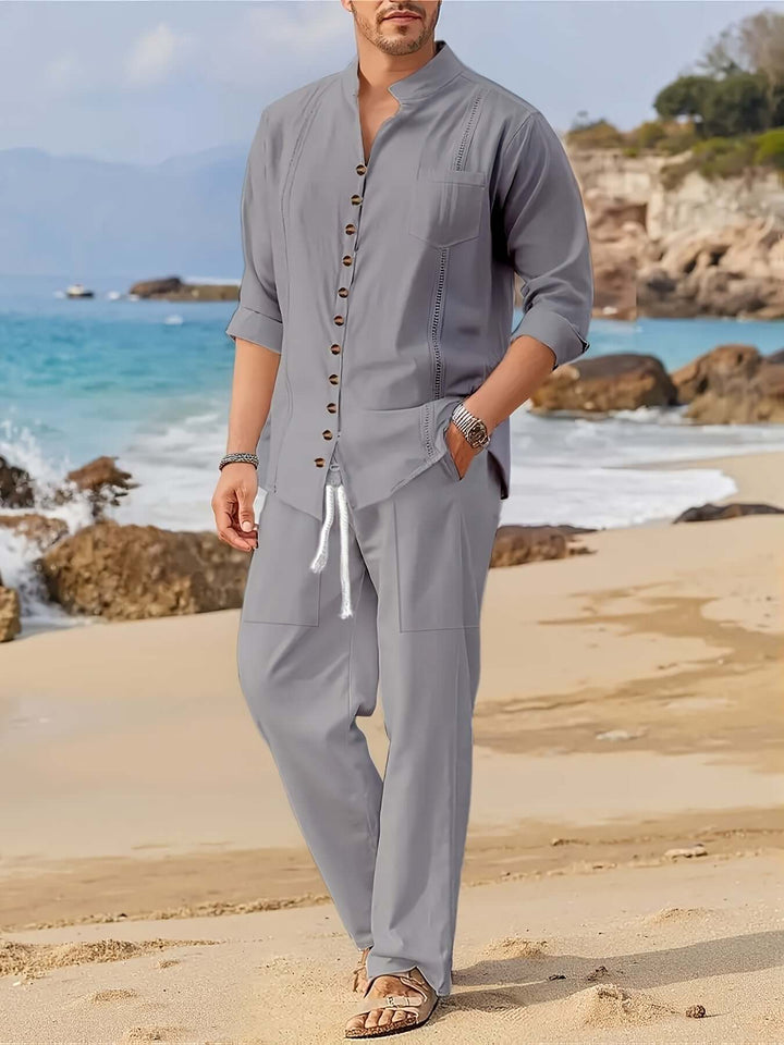 Lightweight men's beachwear set, ideal for summer holidays & casual comfort. Relaxed fit shirt & trousers.