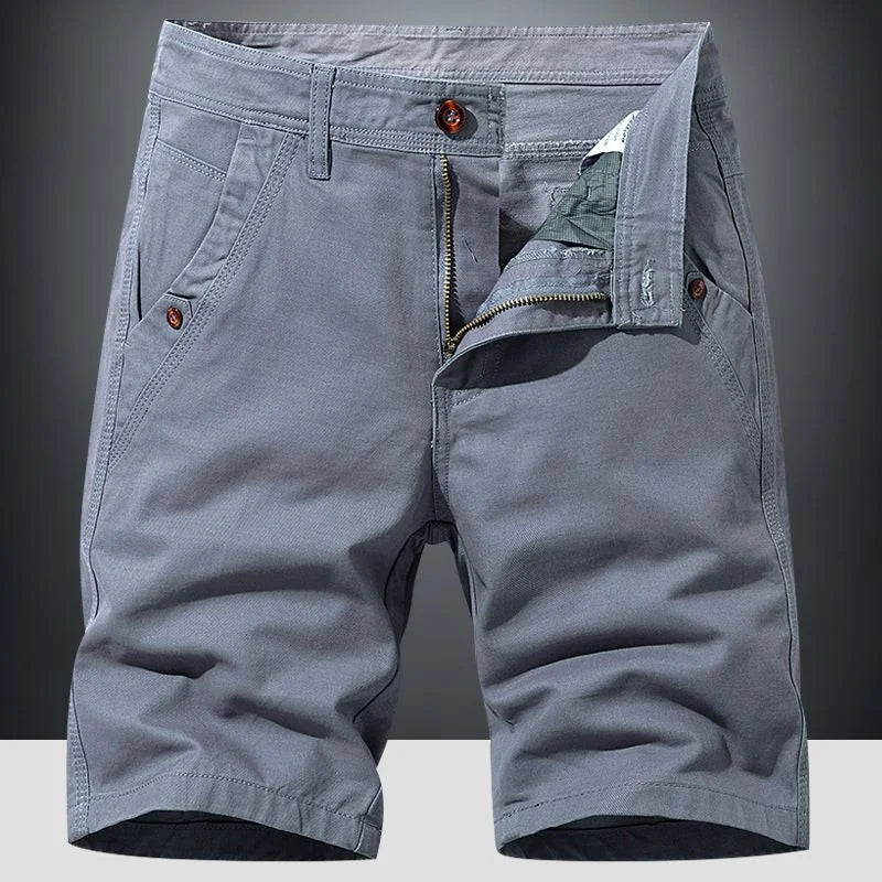 Men's relaxed fit beige chino shorts for summer. Comfortable everyday wear for warm weather.