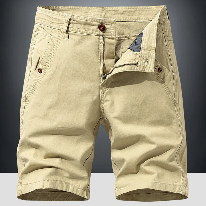 Blue men's casual chino shorts, ideal for summer relaxation. Soft fabric, versatile style.