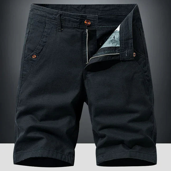 Classic black men's chino shorts, relaxed fit, perfect for comfortable summer fashion.