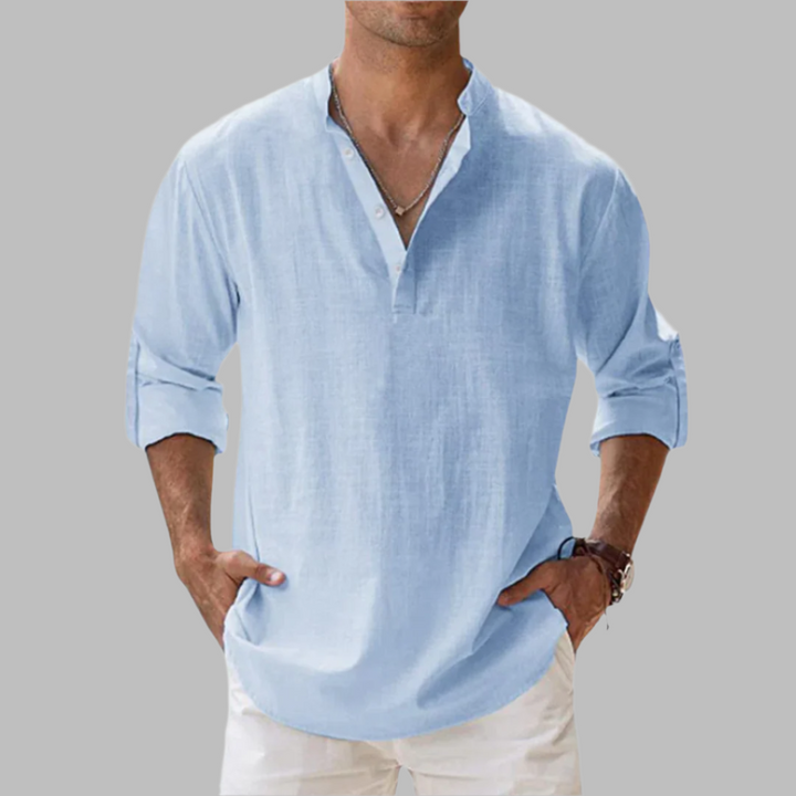 Men's relaxed fit breathable linen summer shirt in blue, perfect for casual wear.