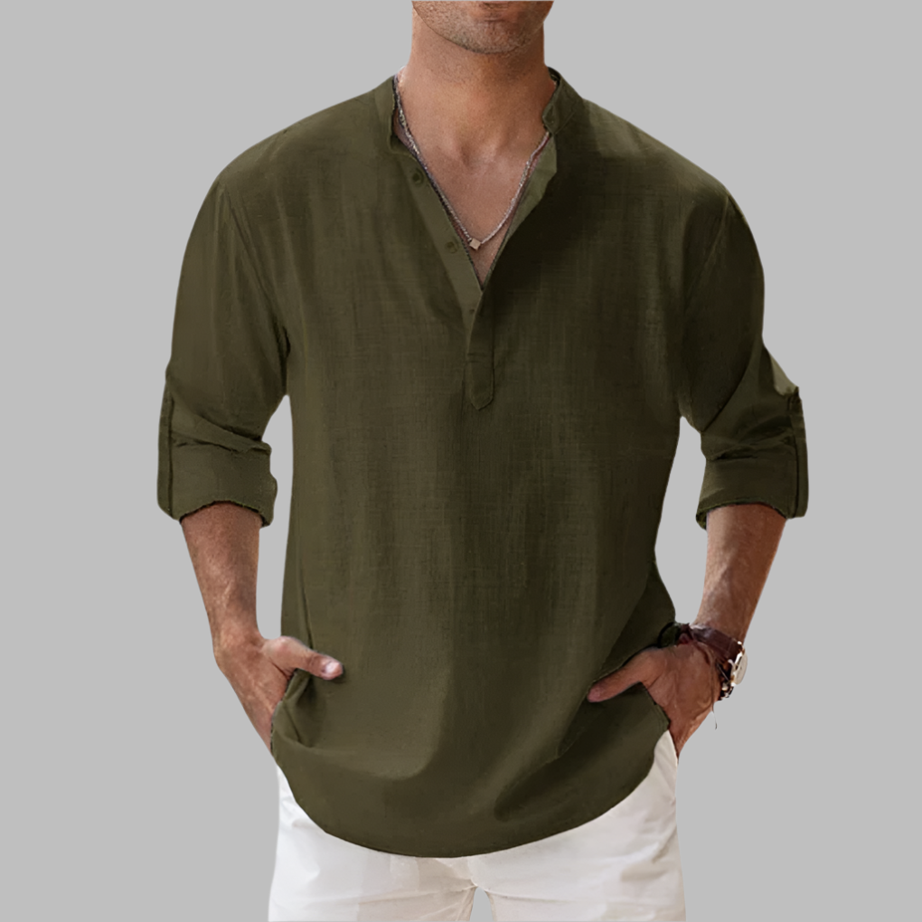 Model showcasing the relaxed fit and breathable quality of a men's linen shirt.