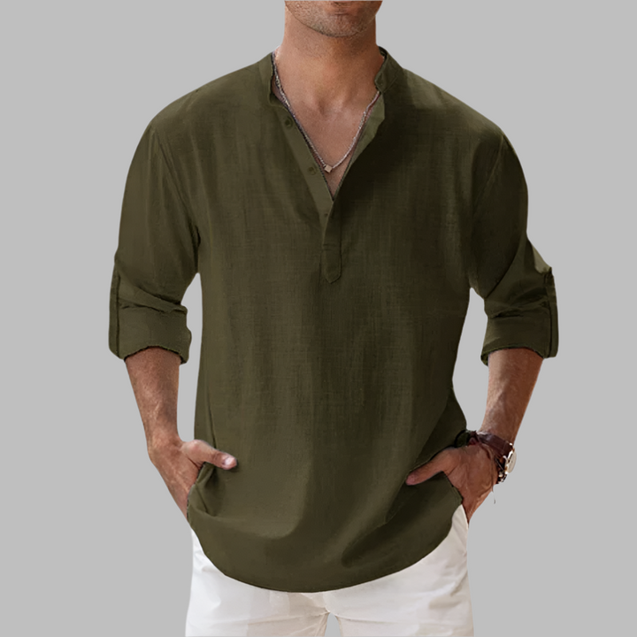 Model showcasing the relaxed fit and breathable quality of a men's linen shirt.