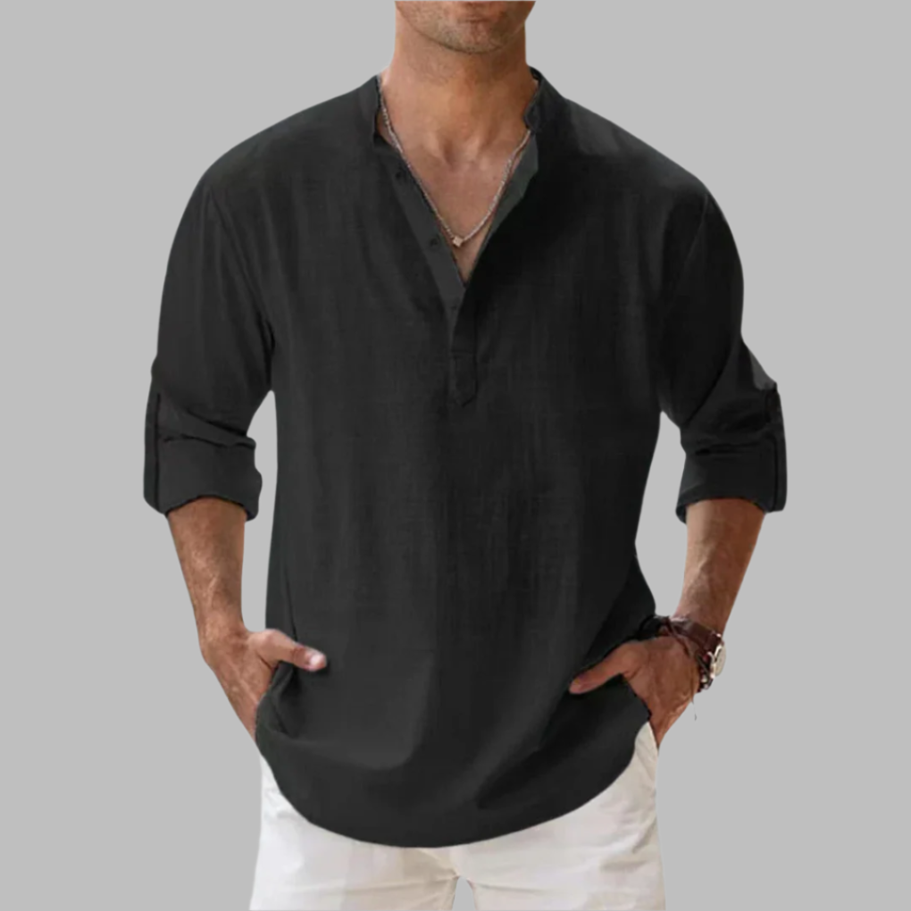 Close-up of the lightweight, breathable fabric of a men's linen summer shirt.