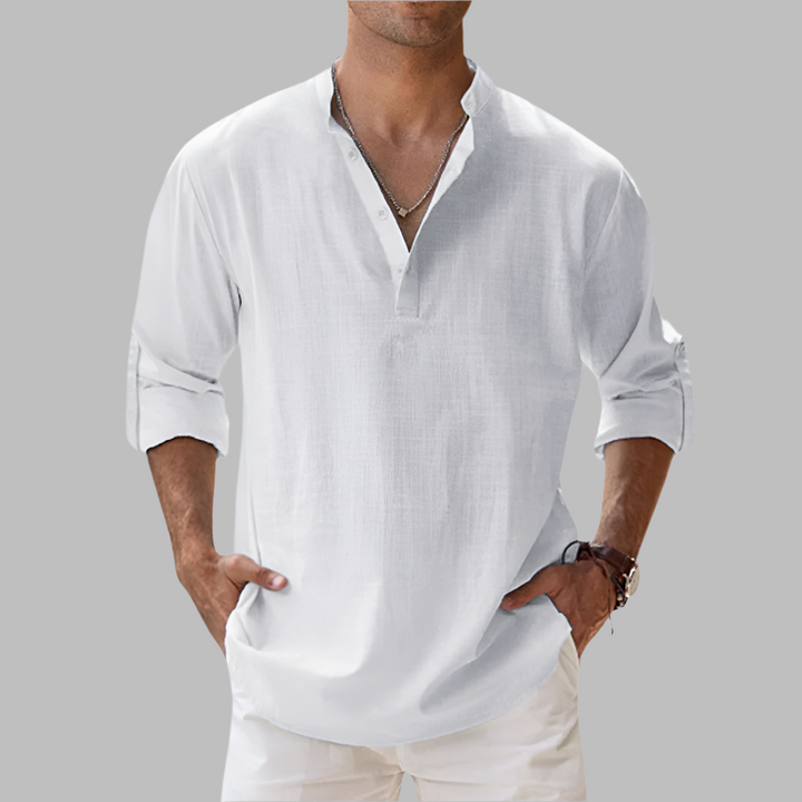 A comfortable and relaxed fit men's casual wear linen shirt, ideal for warm weather.