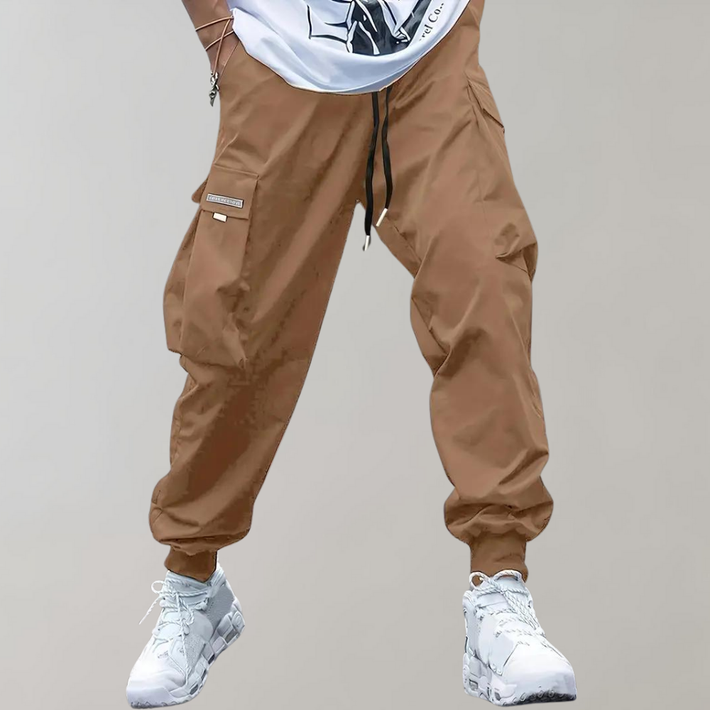 Stylish black men's cargo pants featuring a relaxed fit and adjustable drawstring.
