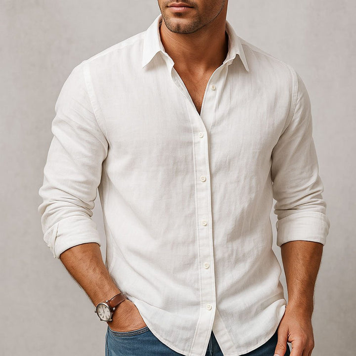 Casual men's button-down shirt in a relaxed fit. Essential long sleeve top for warm weather and everyday style.