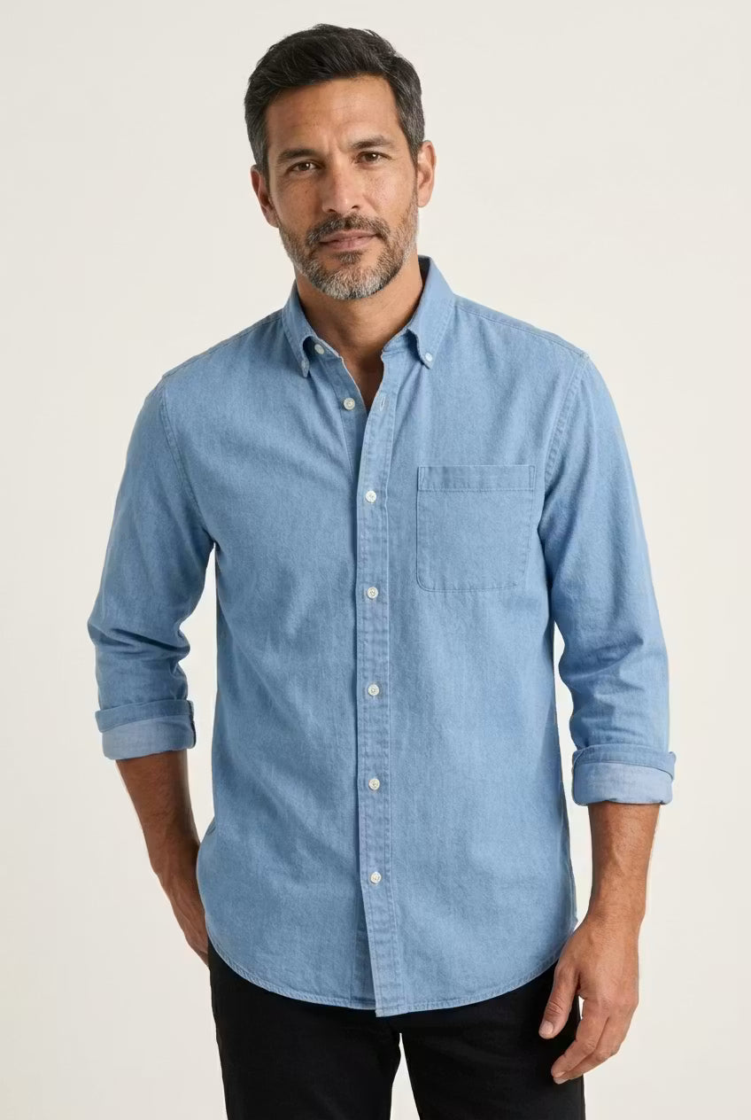 Men's relaxed fit button-front long sleeve shirt in classic blue for casual wear.