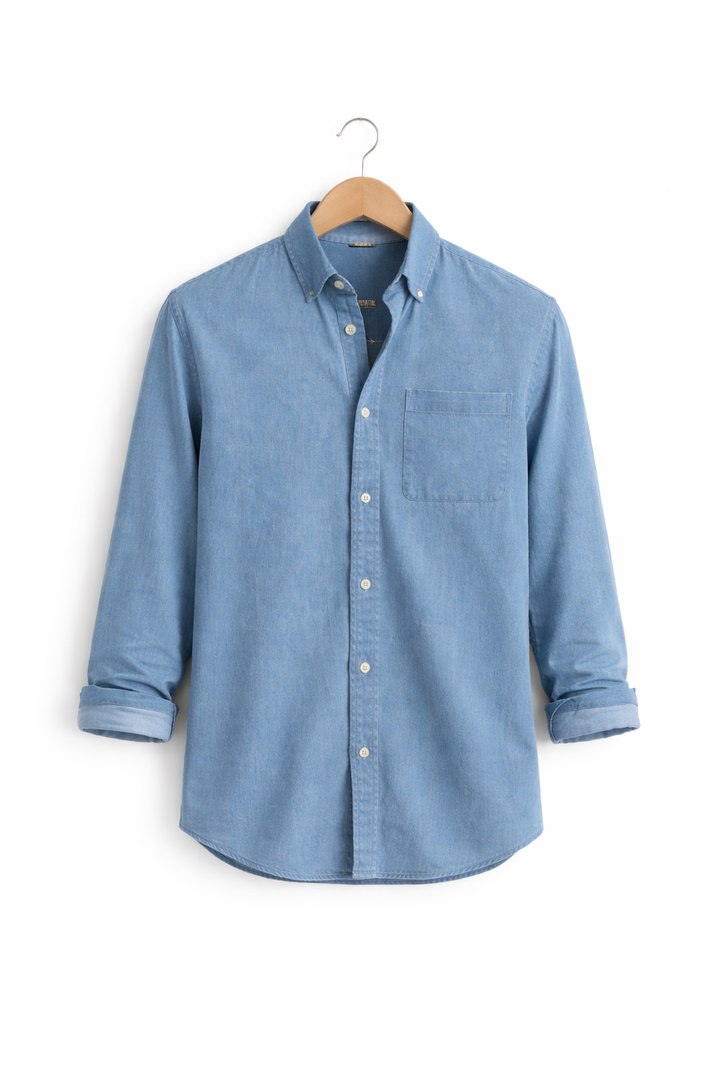 Close-up detail of men's relaxed fit button-front long sleeve shirt fabric texture.