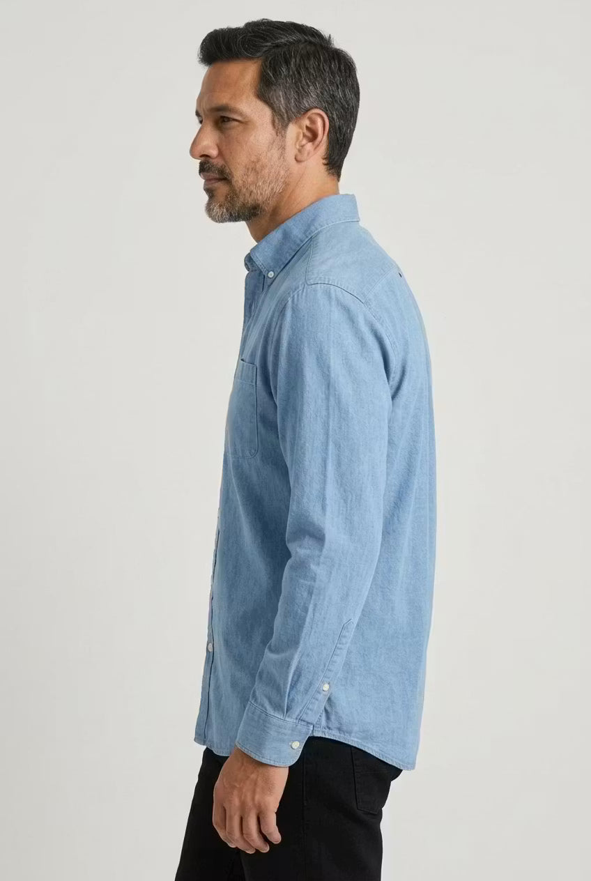 Men's relaxed fit long sleeve button-front shirt, unbuttoned for a laid-back weekend vibe.
