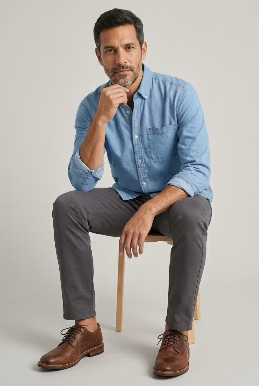 Everyday men's relaxed fit long sleeve button-front shirt, a versatile option for any occasion.