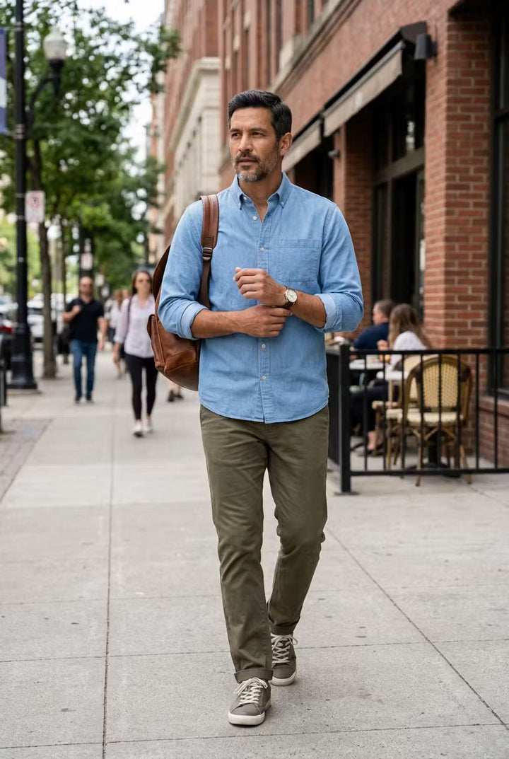 Men's relaxed fit button-front long sleeve shirt, folded neatly for travel or storage.