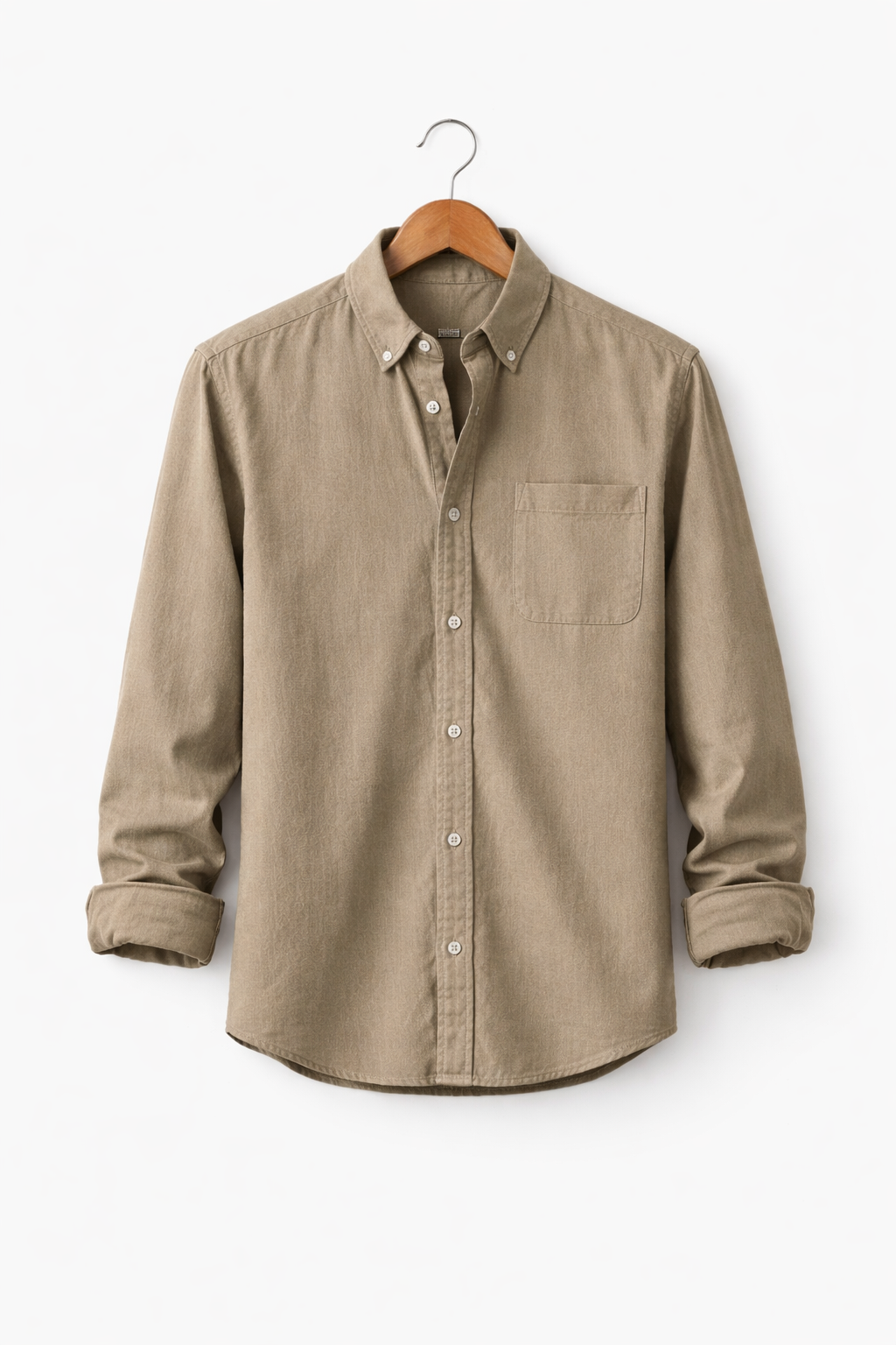 Grey men's relaxed fit button-front long sleeve shirt, offering a timeless casual look.