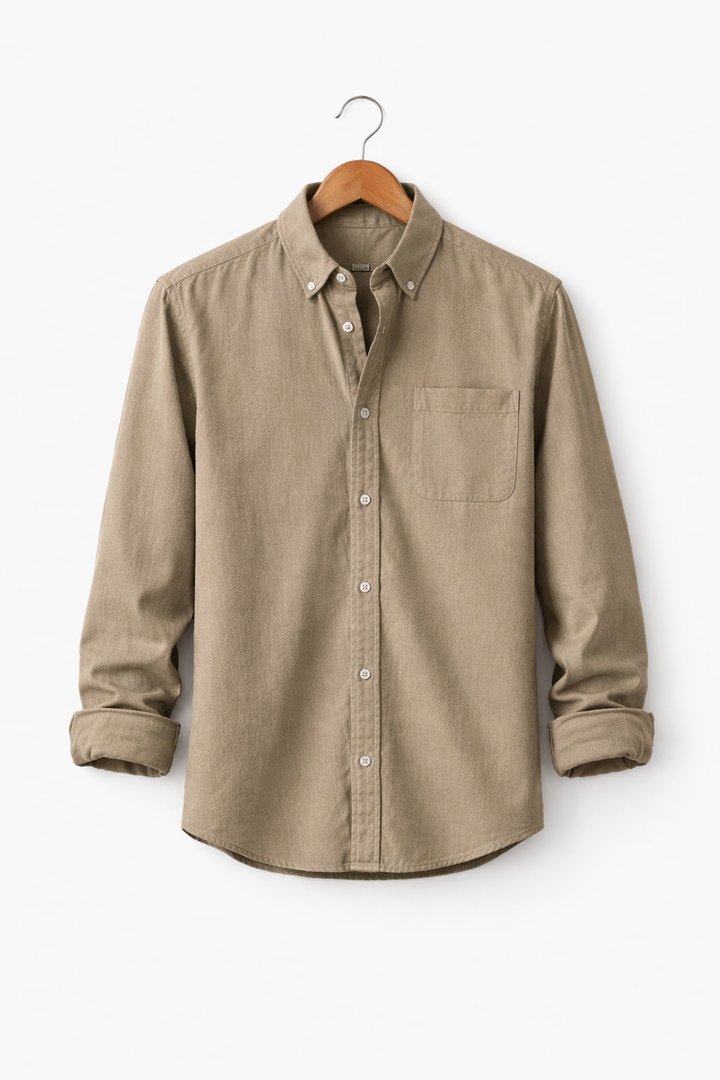 Grey men's relaxed fit button-front long sleeve shirt, offering a timeless casual look.