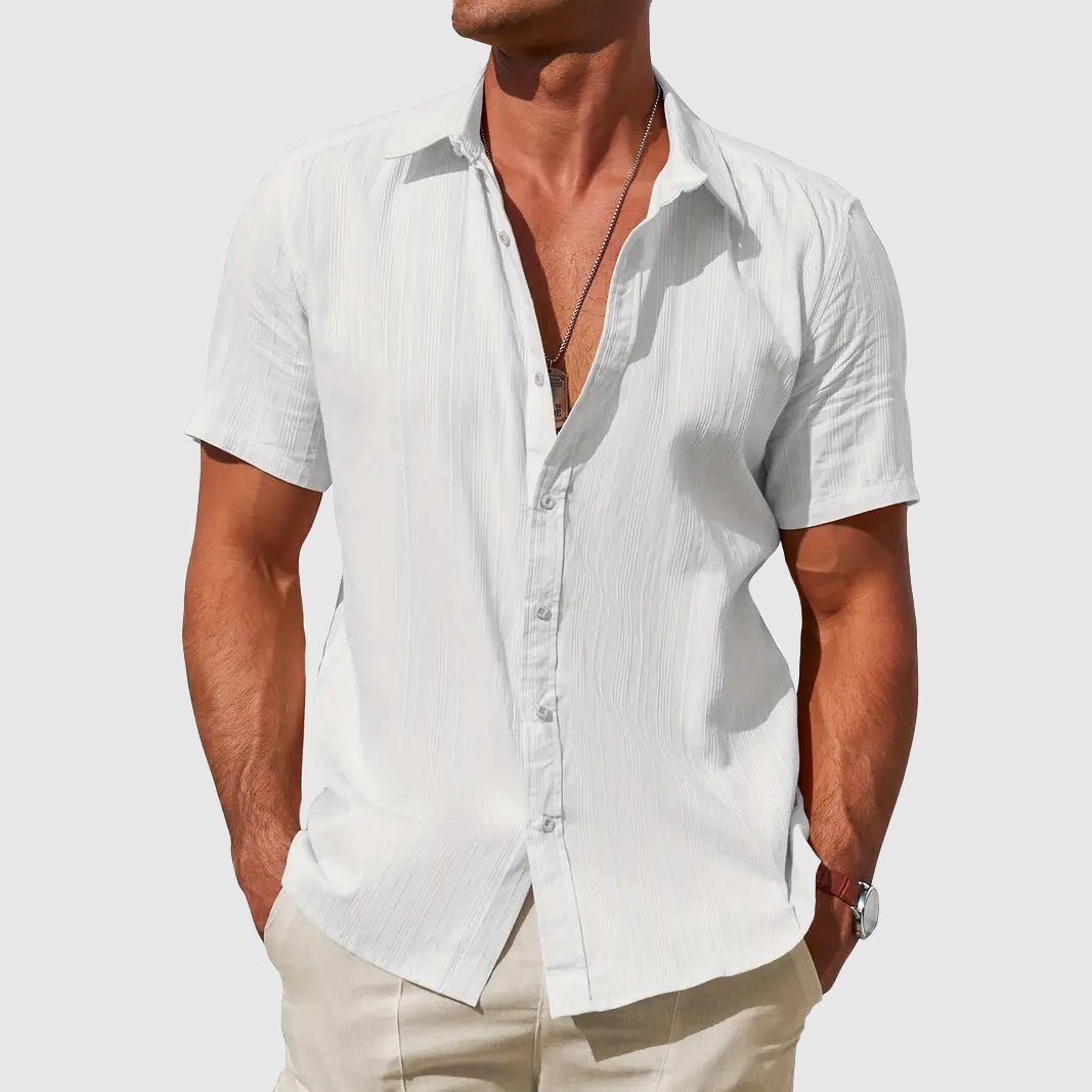 Stylish men's casual short sleeve button-front shirt in a relaxed fit, designed for comfortable summer style.