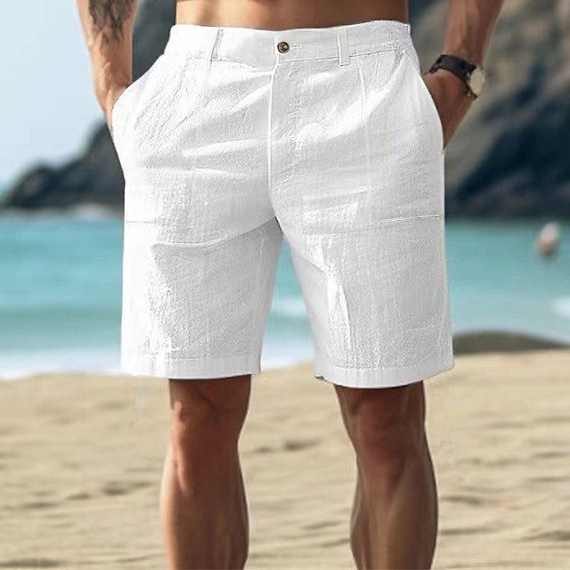 Stylish men's mid-thigh length button front shorts with a relaxed fit, ideal for beachwear or casual outings.