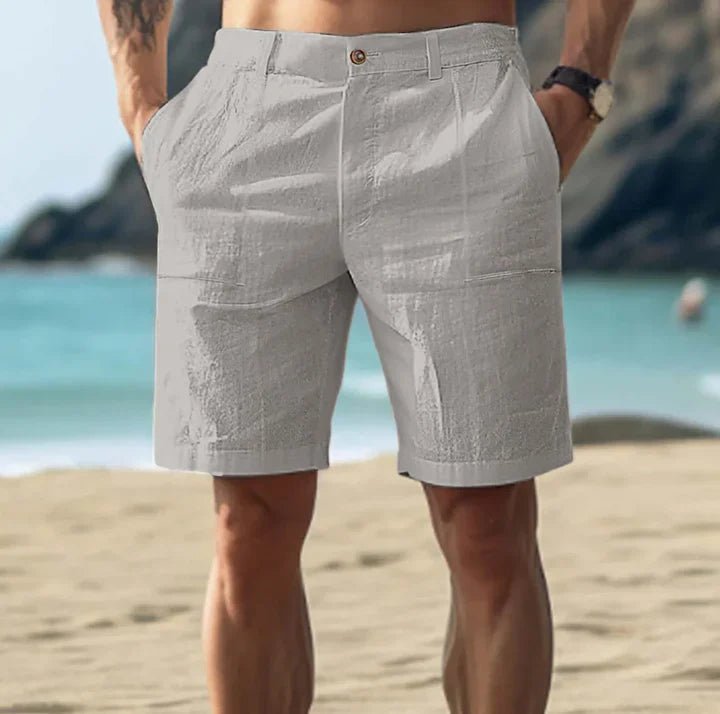 Close-up of men's casual button front shorts, showcasing the relaxed fit and durable fabric for summer fashion.