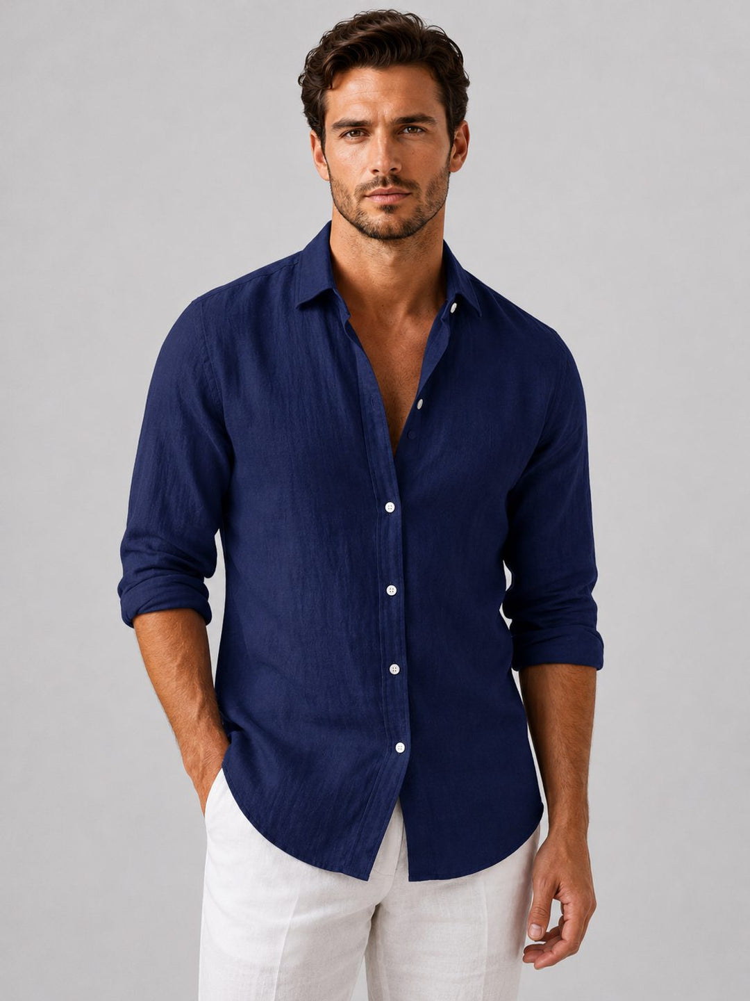 Collared men's button-up shirt with a relaxed fit, a staple for men's casual fashion.