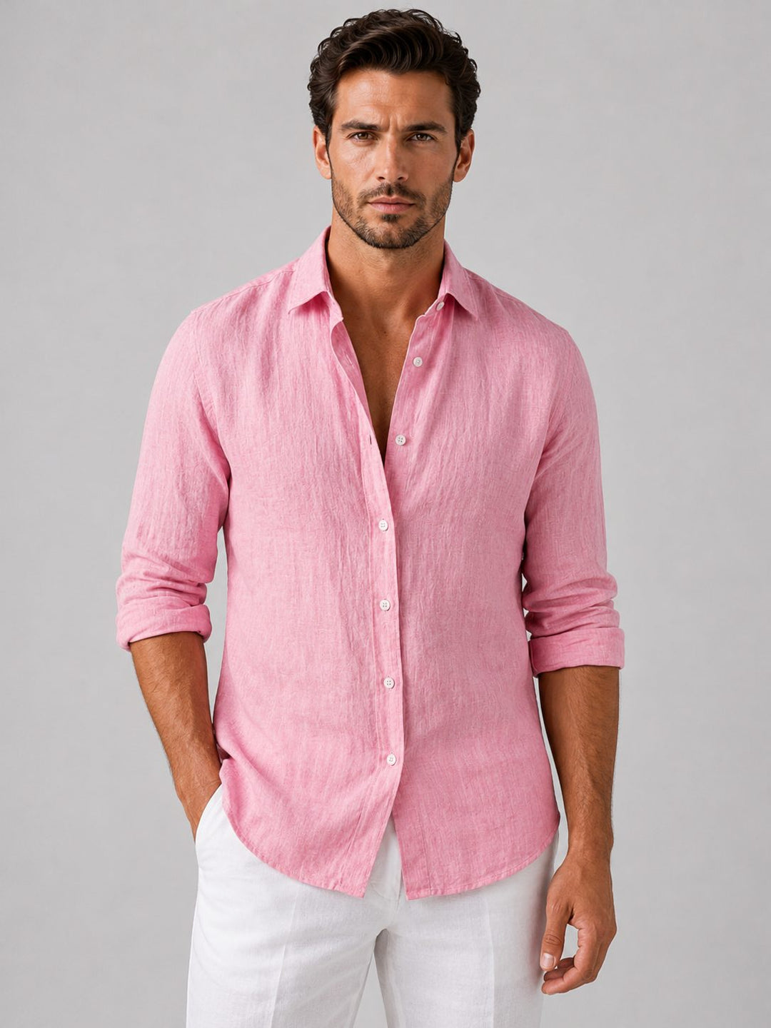 Stylish men's relaxed fit button-up shirt, long sleeve, enhancing casual summer fashion.