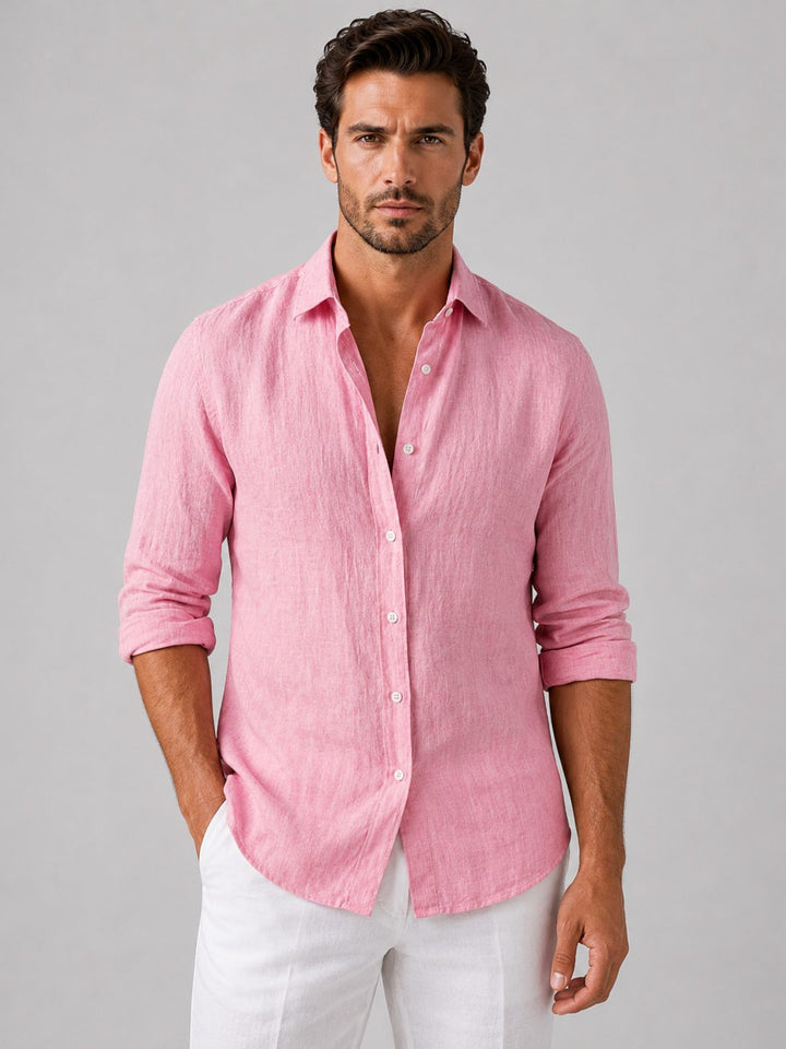Stylish men's relaxed fit button-up shirt, long sleeve, enhancing casual summer fashion.