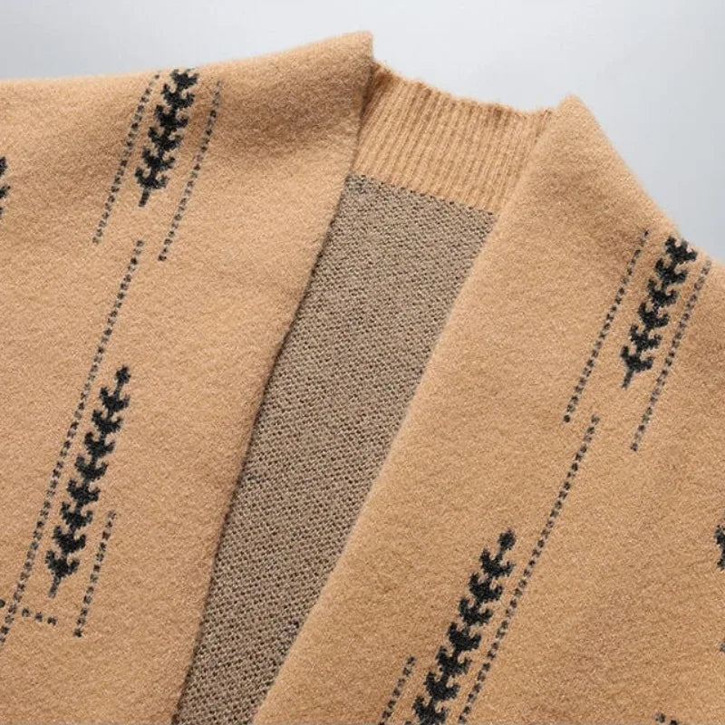 Model wearing a men's relaxed fit cardigan, perfect for casual layering & everyday comfort.