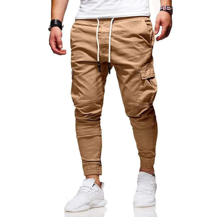Men's relaxed fit cargo joggers in olive, perfect for comfortable casual wear & utility.