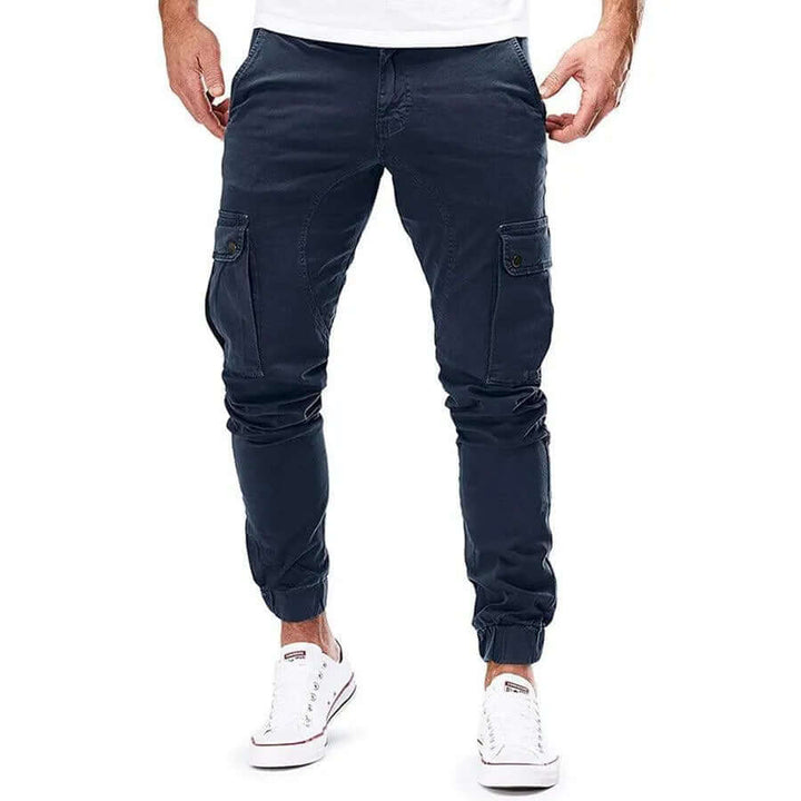 Side view of men's relaxed fit cargo joggers, highlighting the relaxed fit and athleisure style.