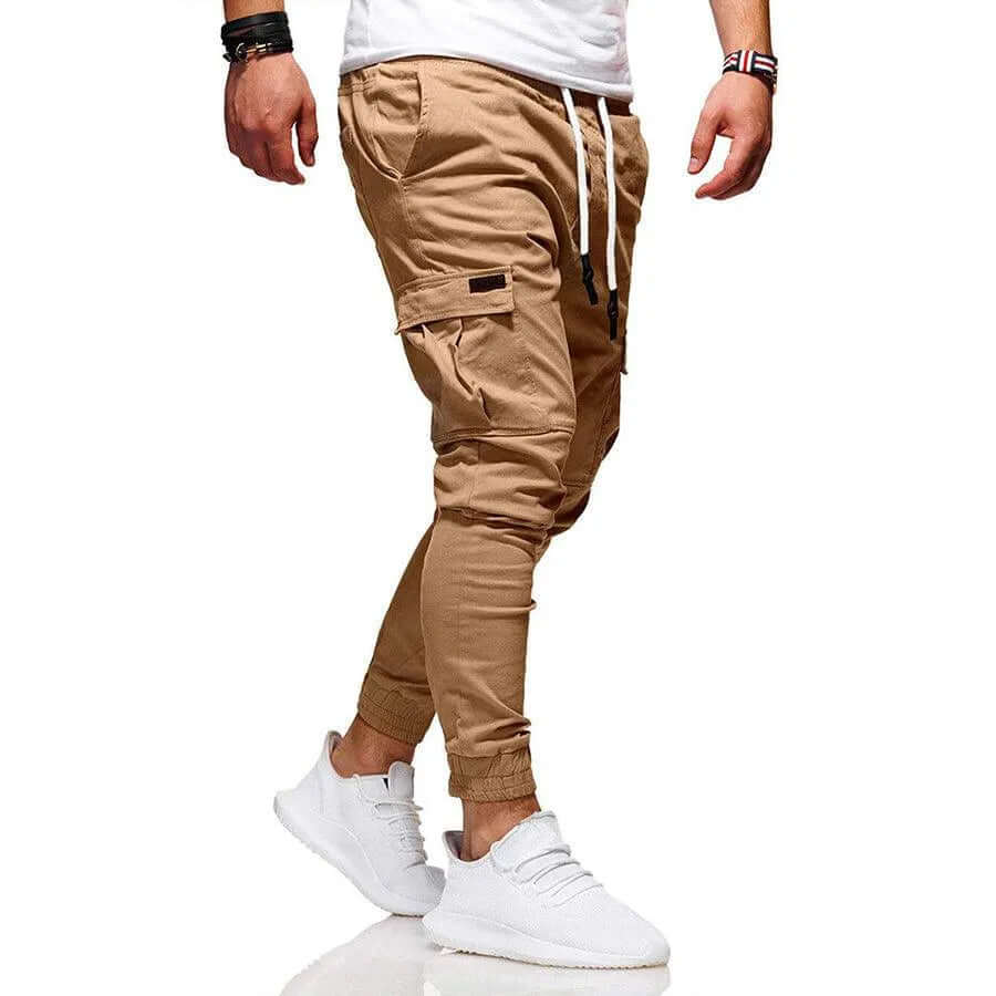 Stylish men's cargo joggers with multiple utility pockets, great for everyday casual men's fashion.