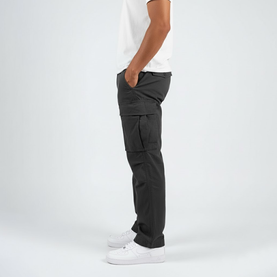 Men's relaxed fit cargo pants in a versatile khaki color, perfect for streetwear.