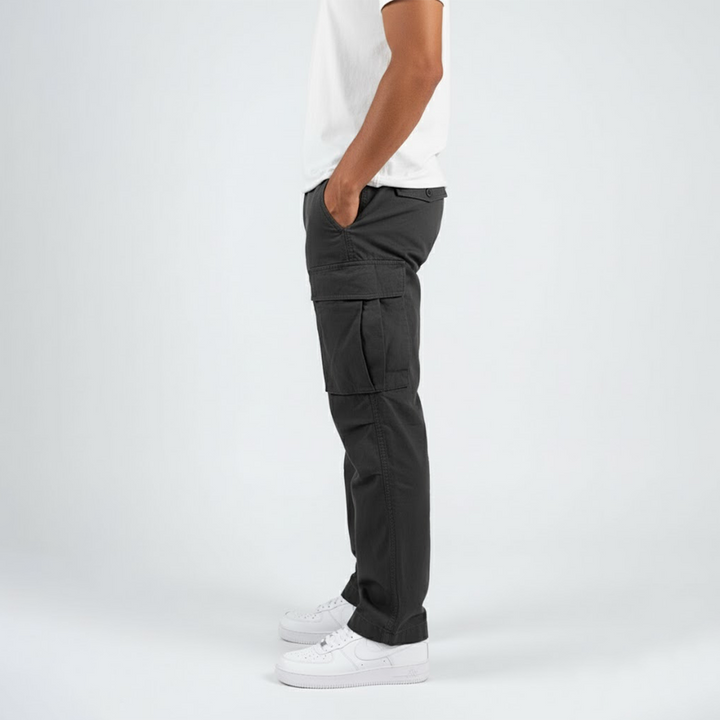 Men's relaxed fit cargo pants in a versatile khaki color, perfect for streetwear.