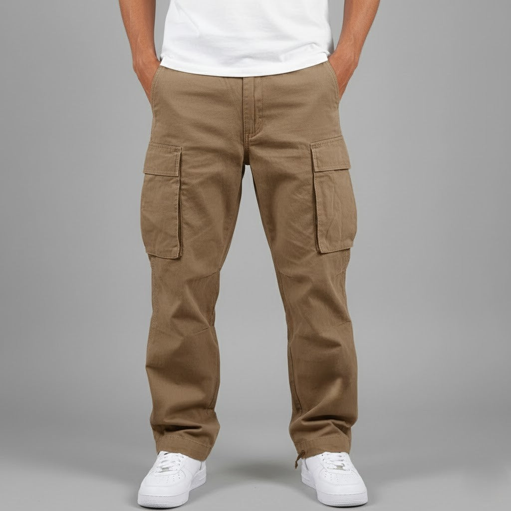 Close-up of side pocket detail on men's relaxed fit cargo pants, showcasing utility.