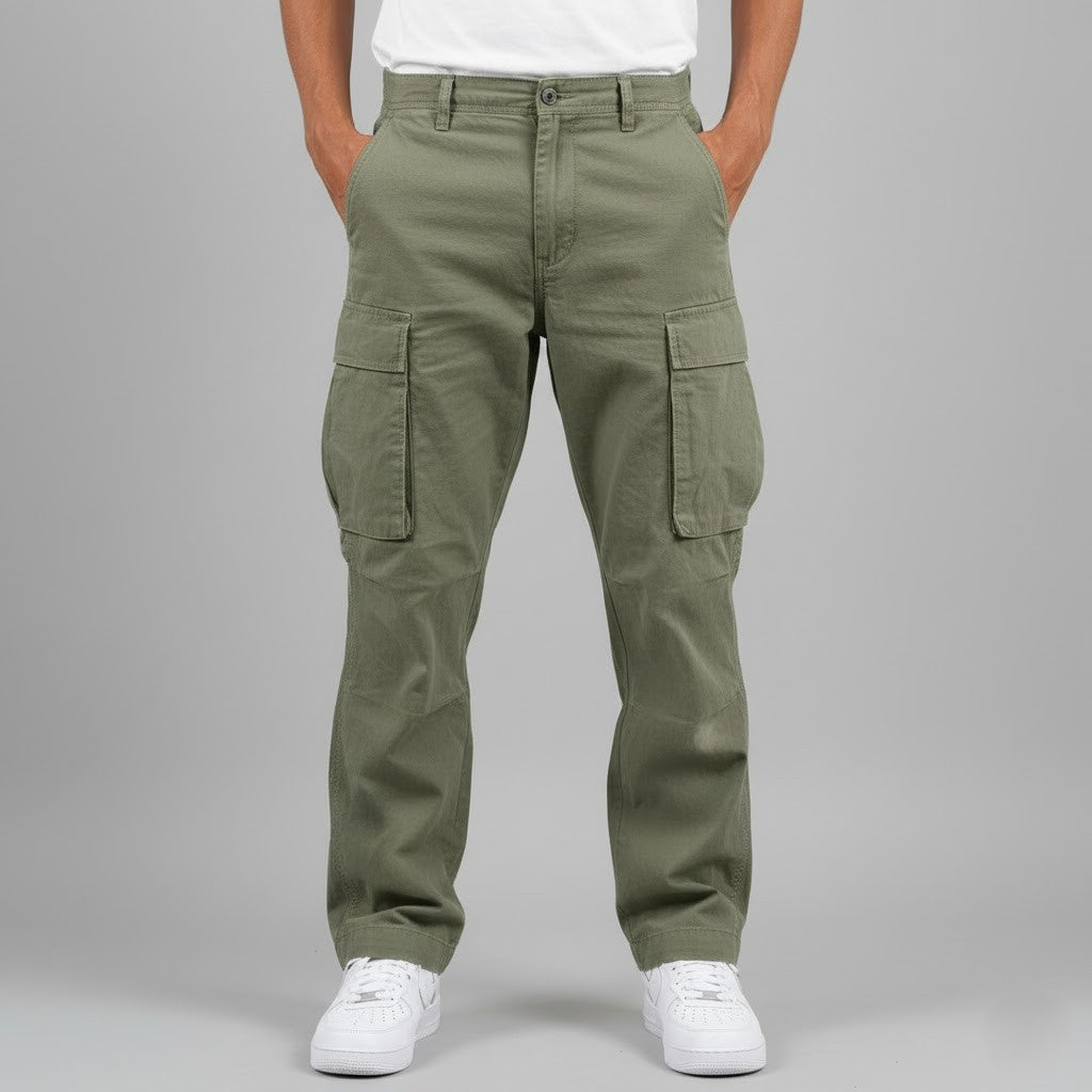 Front view of men's beige relaxed fit cargo pants, a staple for casual fashion.