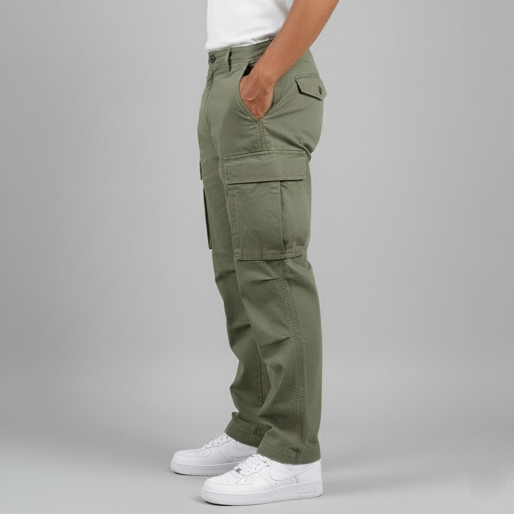 Men's olive green cargo pants designed for comfort and practicality with a relaxed fit.