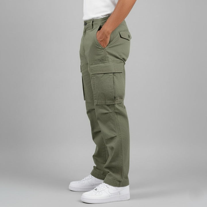 Men's olive green cargo pants designed for comfort and practicality with a relaxed fit.