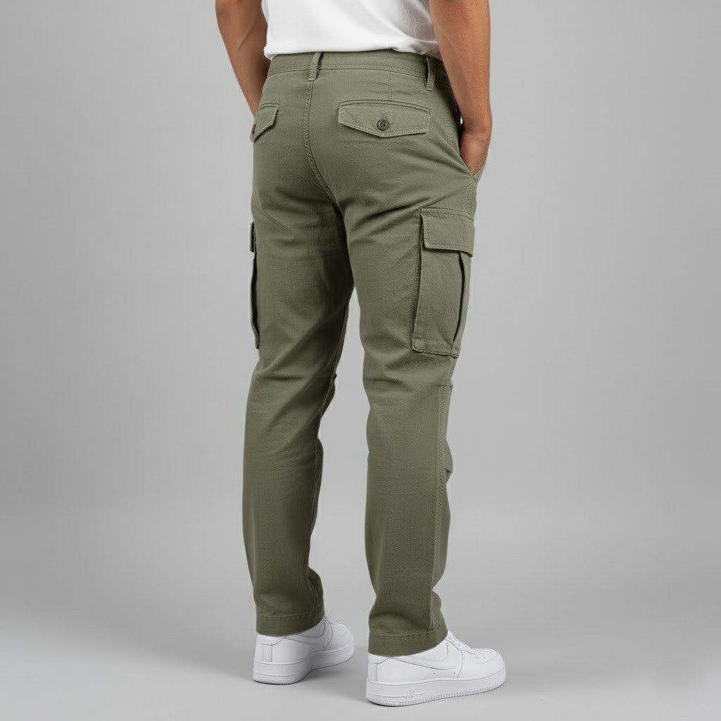 Back view of men's fashion cargo pants, emphasizing the relaxed fit and functional pockets.
