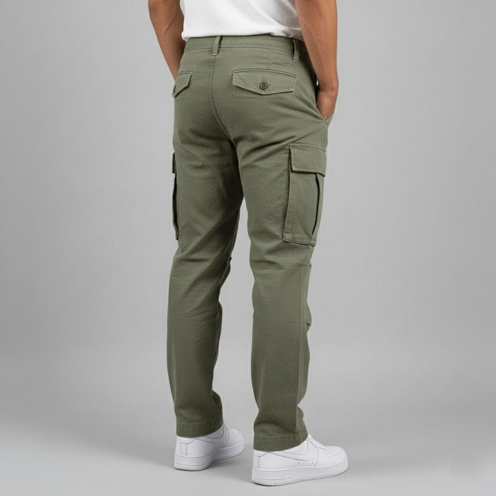 Back view of men's fashion cargo pants, emphasizing the relaxed fit and functional pockets.