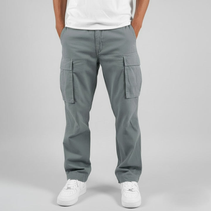 Streetwear-inspired men's cargo pants in a modern dark grey, featuring ample pocket space.