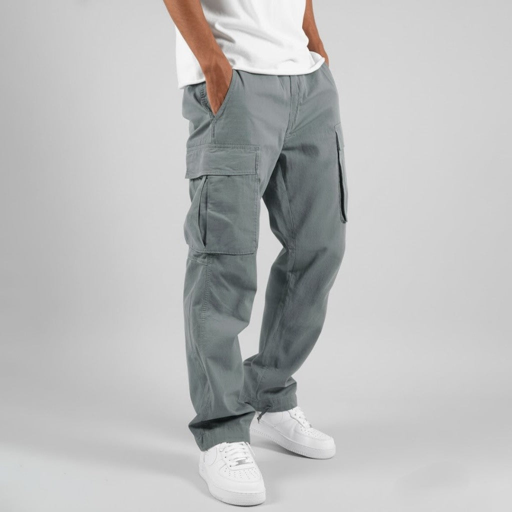 Comfortable and functional men's casual pants with a relaxed fit and cargo side pockets.