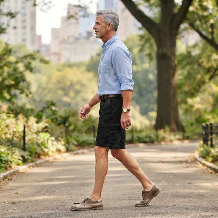 Comfortable men's relaxed fit cargo shorts, knee-length for everyday casual wear in summer.