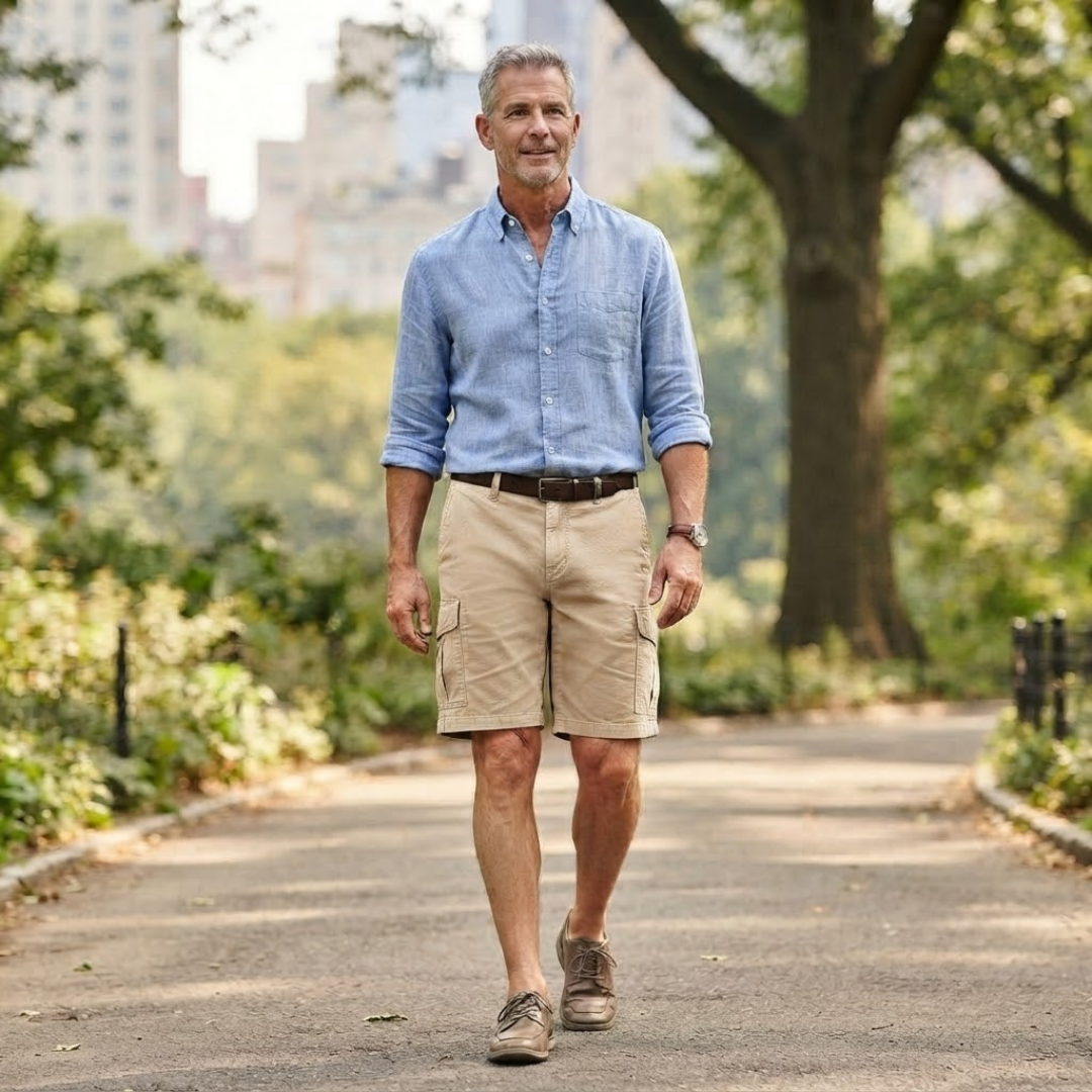 Side view of men's relaxed fit multi-pocket cargo shorts, practical and stylish for casual summer fashion.