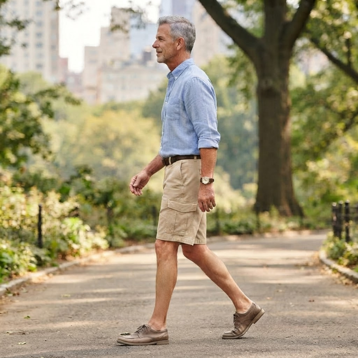Front view of casual men's relaxed fit cargo shorts, offering comfort and multiple pockets for summer.