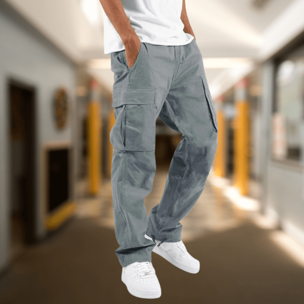 Khaki men's relaxed fit cargo trousers with multiple pockets, ideal for utility and casual fashion.