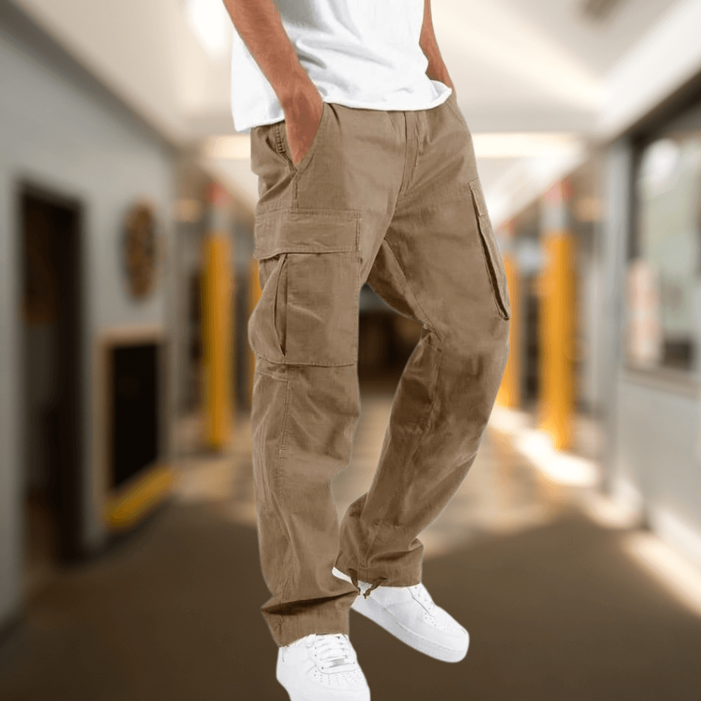 Black men's relaxed fit cargo trousers, offering a straight leg design for modern casual wear.